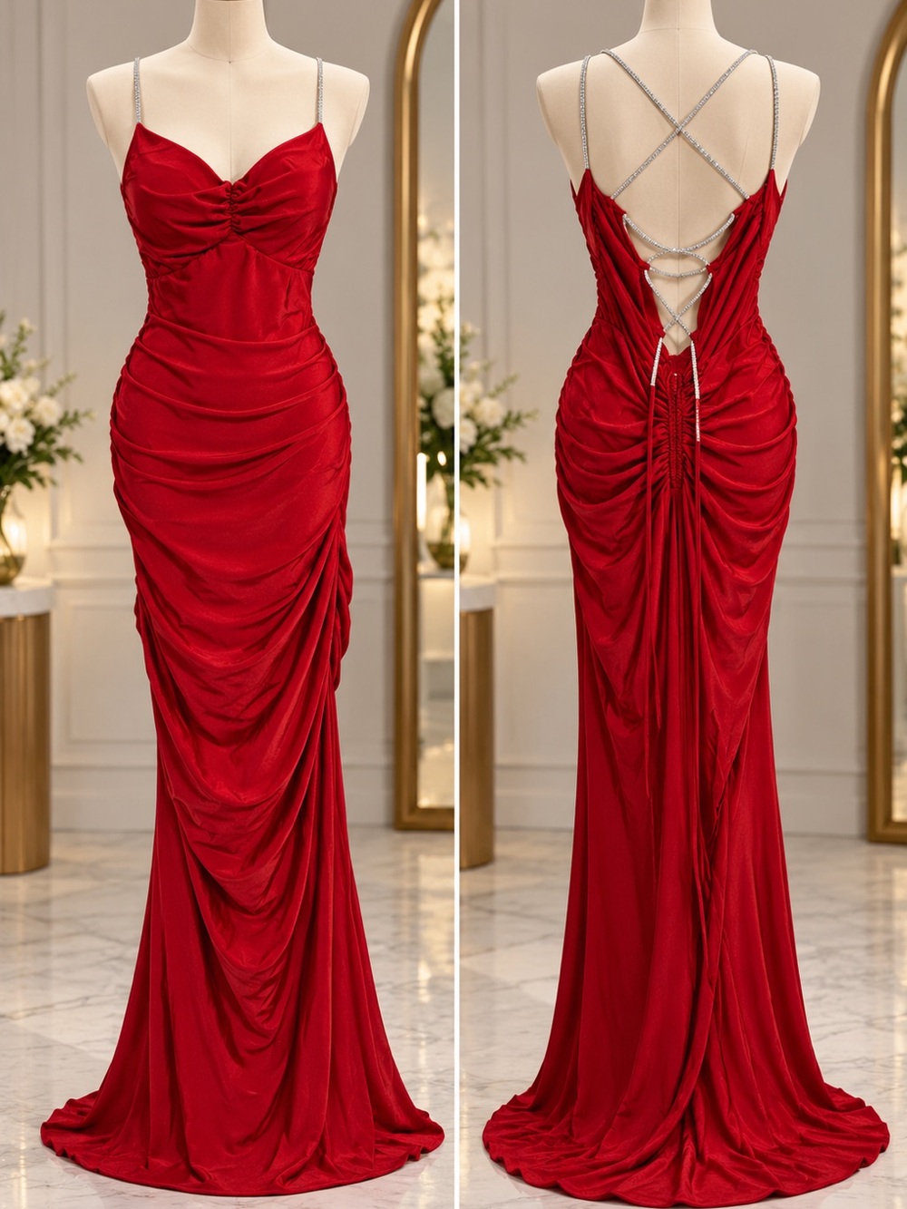 Crystal Doll Red Rhinestone Strap Open Back Ruched Formal Maxi Dress 15 NW